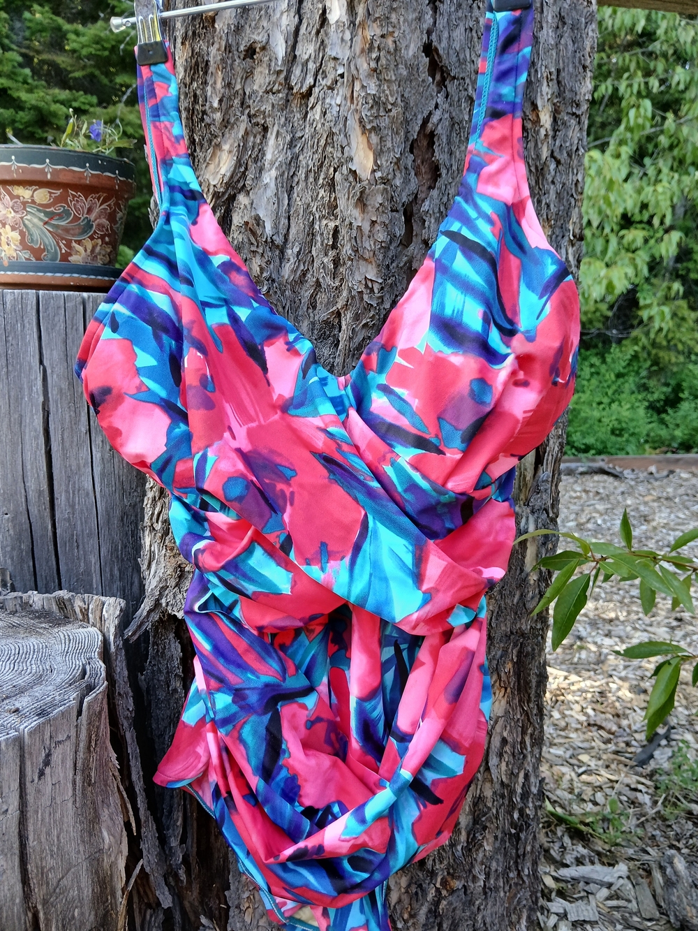 INC International Concepts Faux-Wrap Ruched Pink Teal One-Piece Swimsuit Size 12